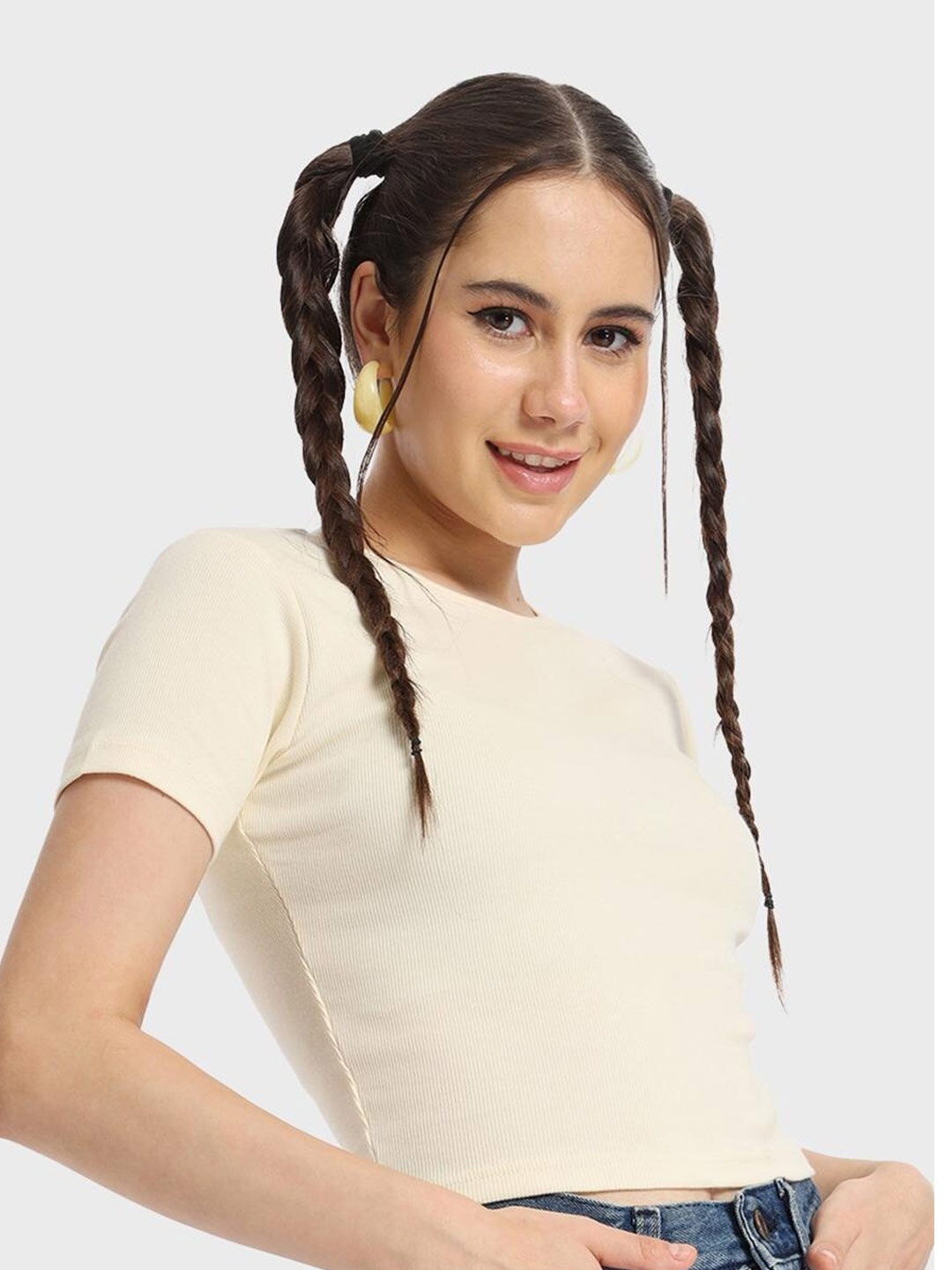 Bewakoof Women Cream Solid Pure Cotton Fitted Top