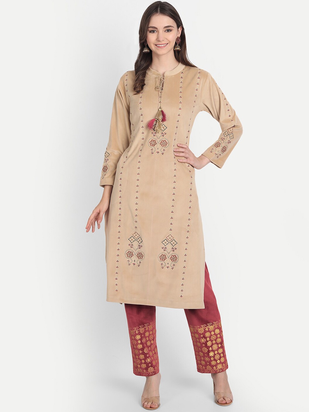 HK colours of fashion Women Beige Embroidered Aari Work Velvet Kurta with Trousers
HK colours of fashion Women Beige Embroidered Aari Work Velvet Kurta with Trousers
