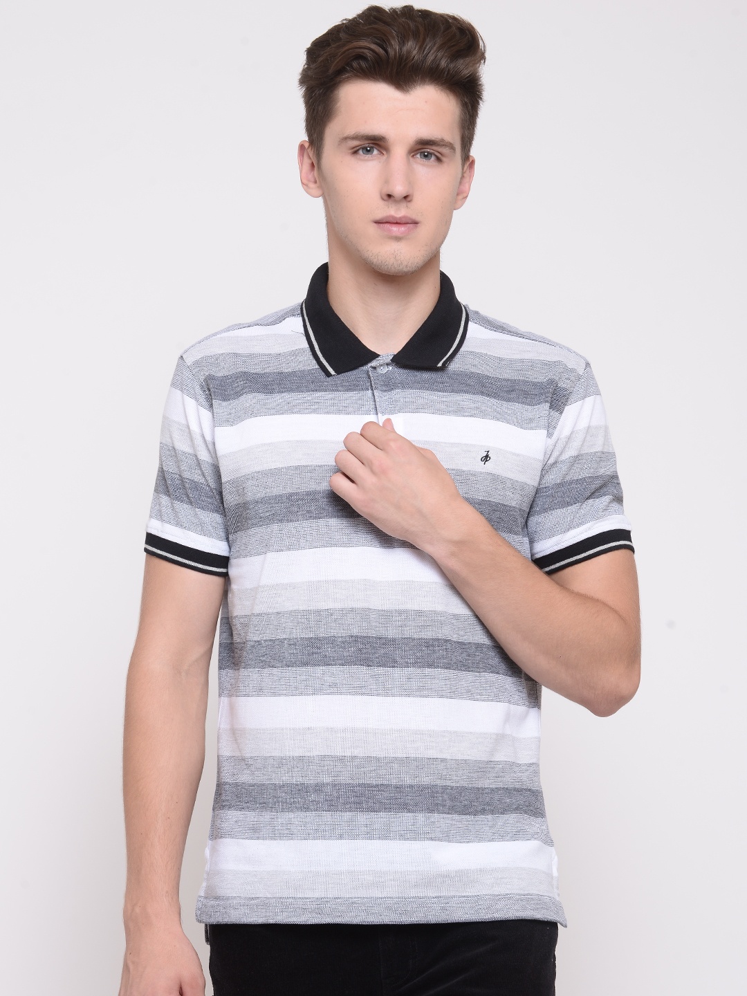 John Players Men Grey & White Striped Polo Collar T-shirt