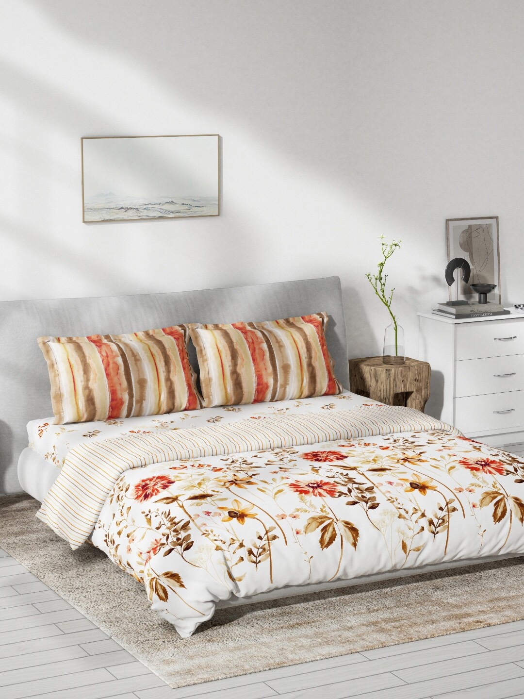 DDecor Orange & White Floral Printed Cotton Bedding Set