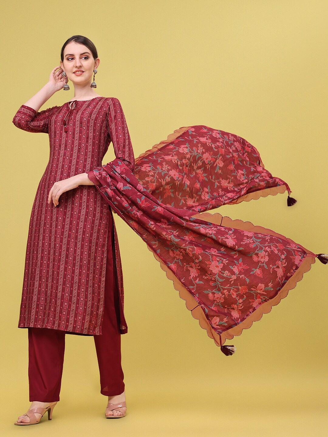 Seerat Women Maroon Printed Thread Work Silk Crepe Kurta with Trousers & With Dupatta
Seerat Women Maroon Printed Thread Work Silk Crepe Kurta with Trousers & With Dupatta