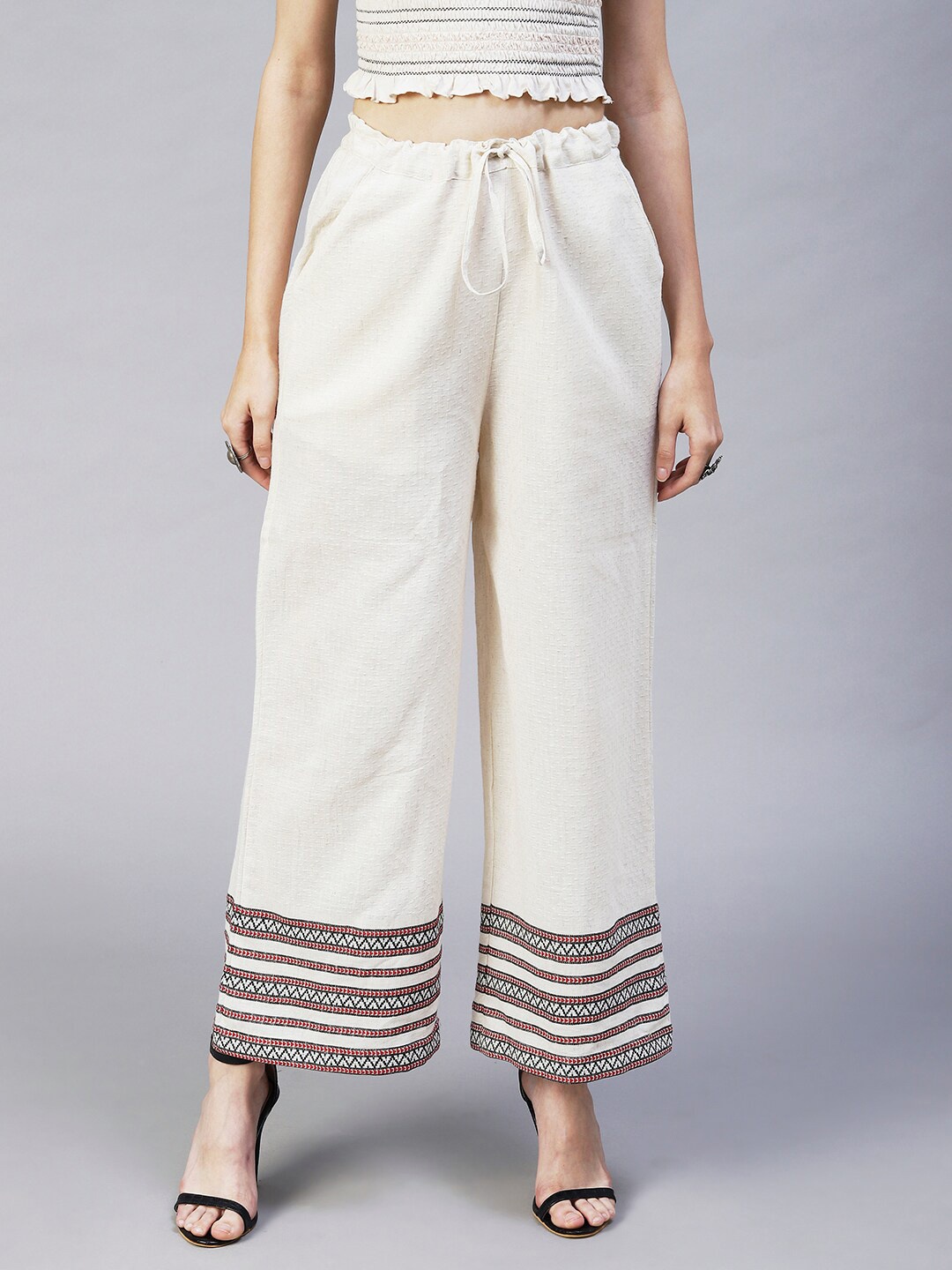 FASHOR Women Off White & Black Cotton Palazzos