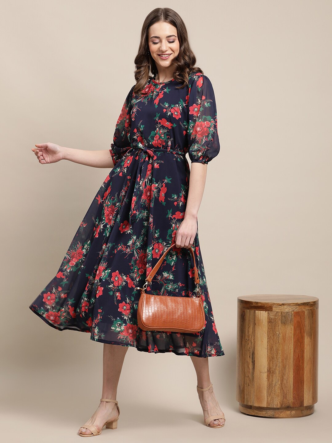 Fabflee Printed Floral Keyhole Neck Midi Dress, Navy blue