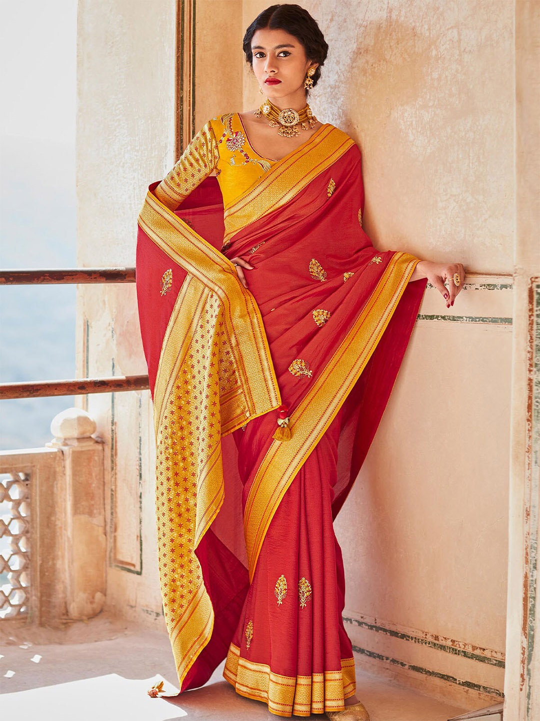 ODETTE Red & Yellow Woven Design Zari Silk Blend Saree
