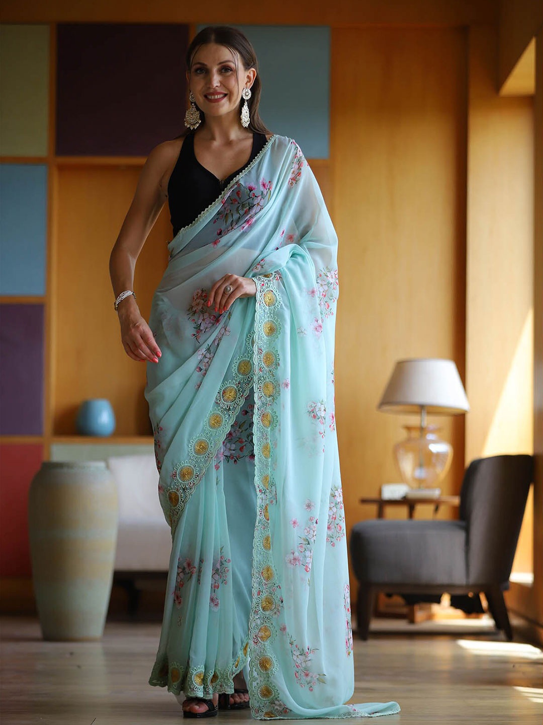 ODETTE Blue & Pink Floral Embroidered Saree
