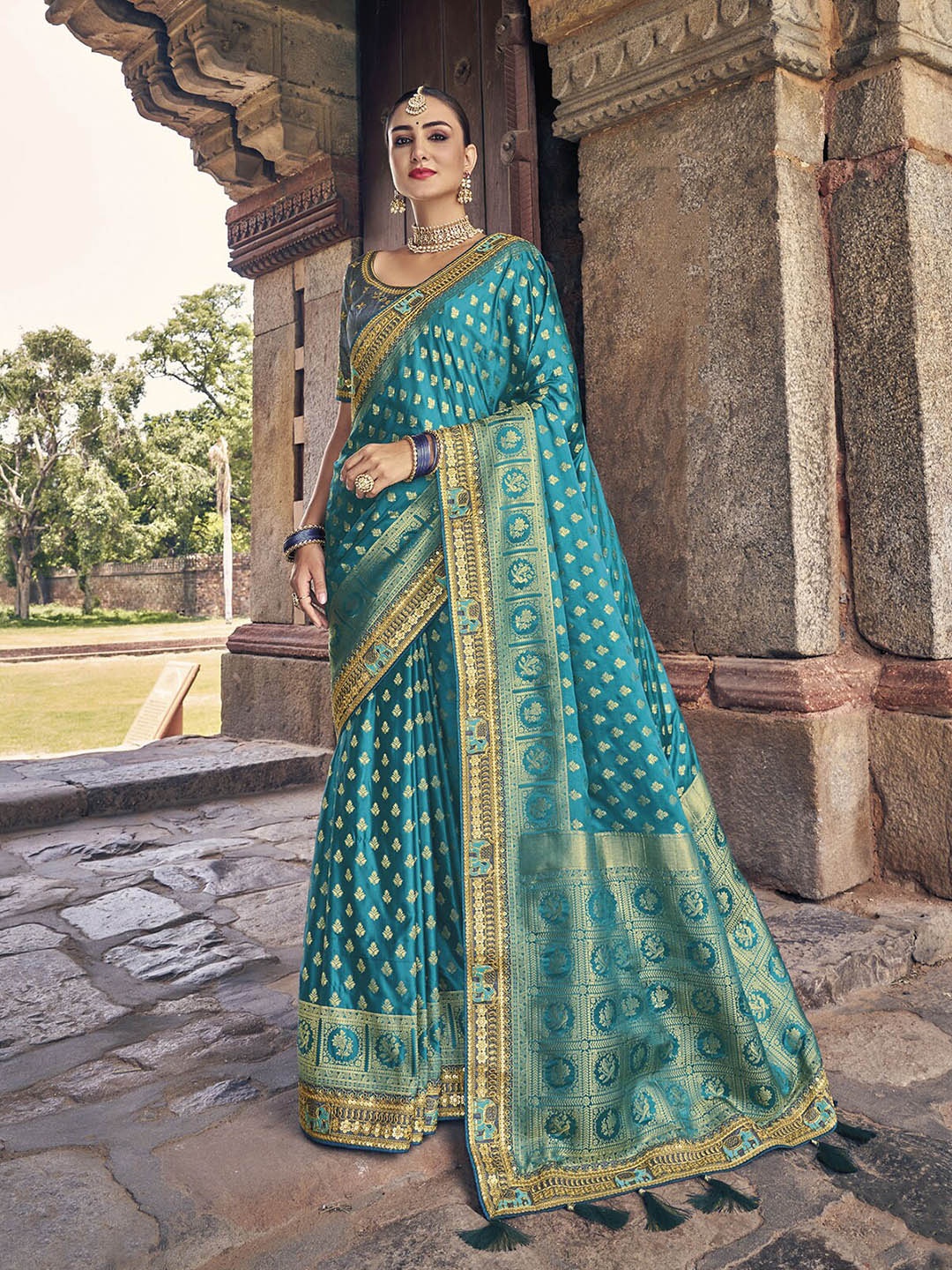 ODETTE Blue & Gold-Toned Woven Design Zari Satin Saree