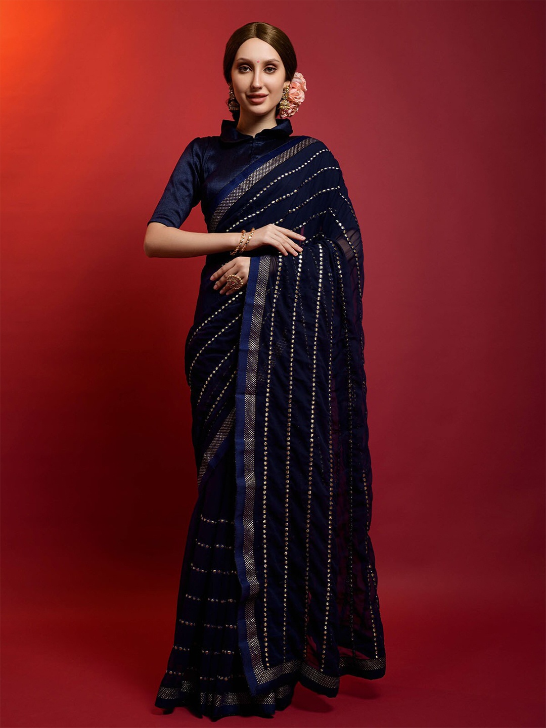 ODETTE Blue & Gold-Toned Striped Saree