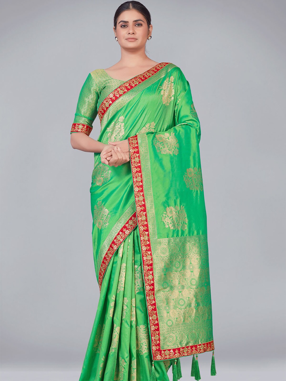 ODETTE Green & Red Woven Design Embroidered Silk Blend Saree