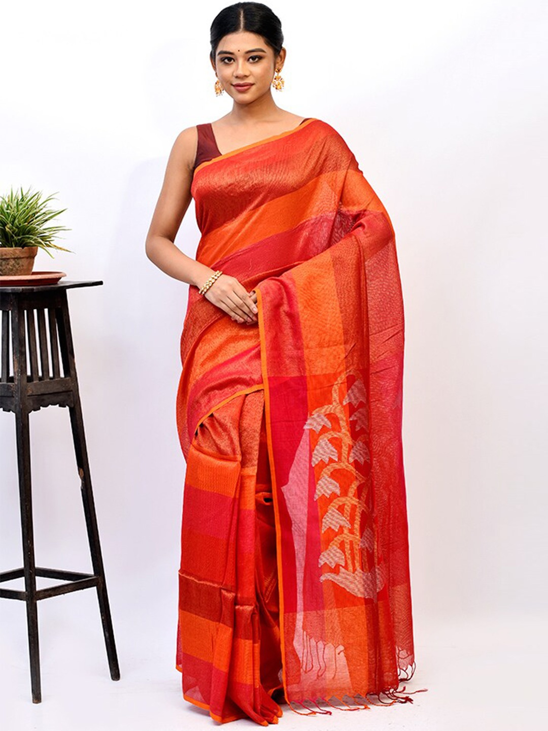 AllSilks Orange & Red Colourblocked Silk Blend Saree
