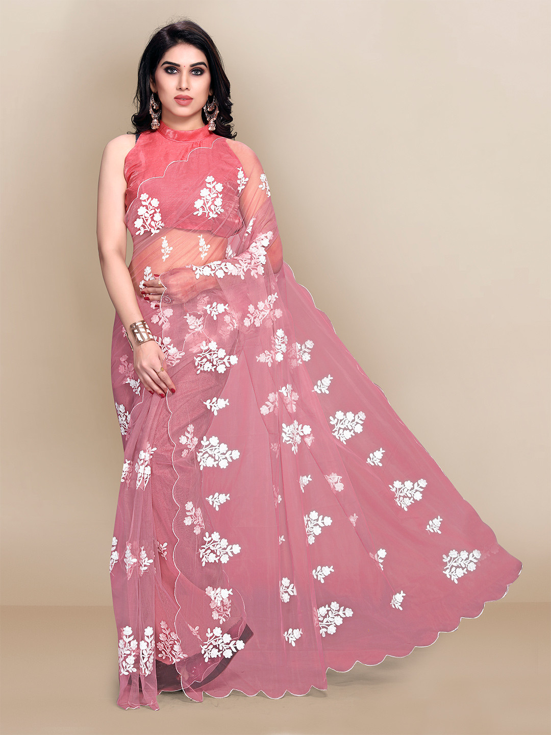 VAIRAGEE Pink & White Floral Net Saree 
VAIRAGEE Pink & White Floral Net Saree
