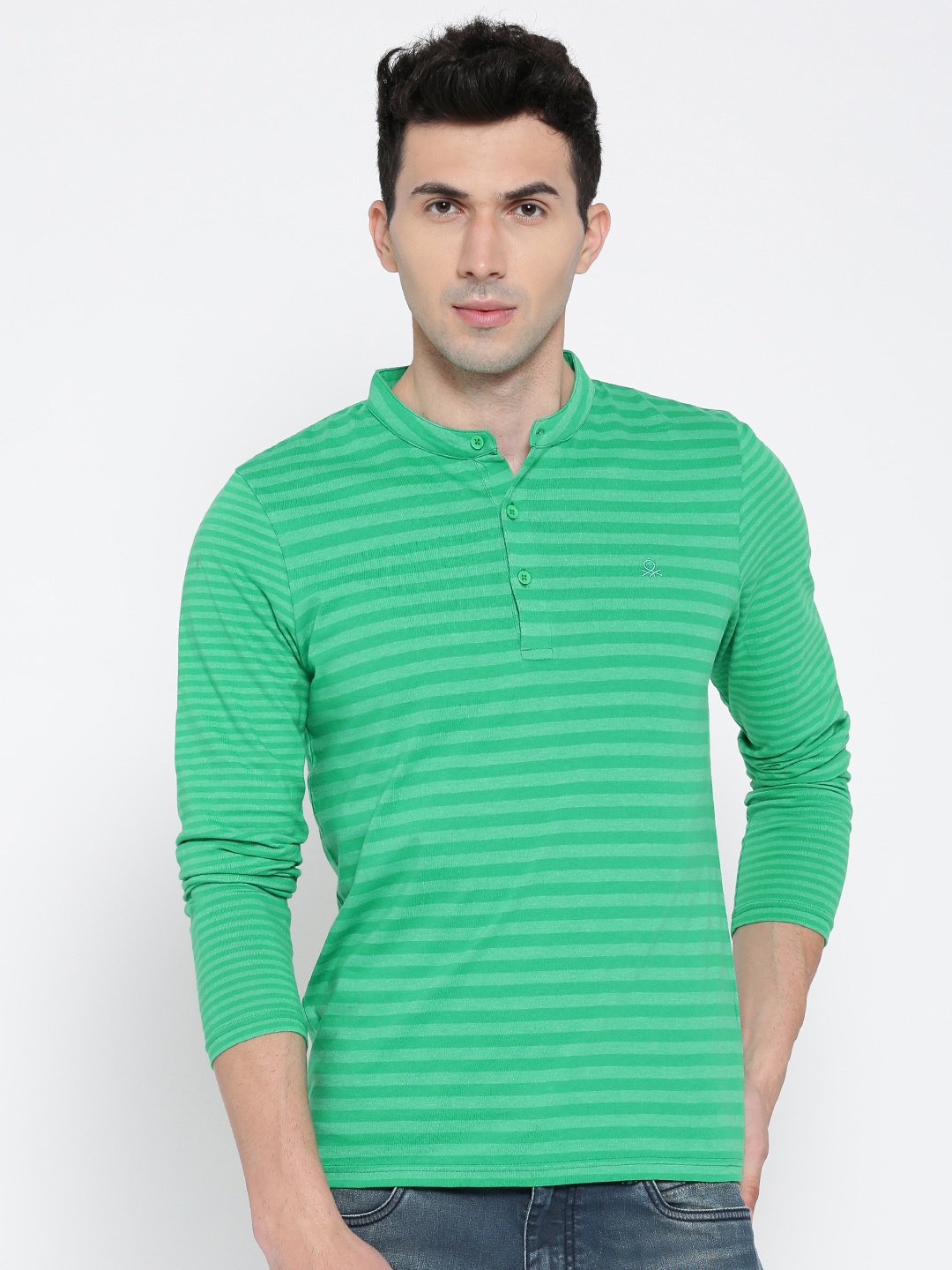 United Colors of Benetton Men Green Striped Mandarin Collar T-shirt
