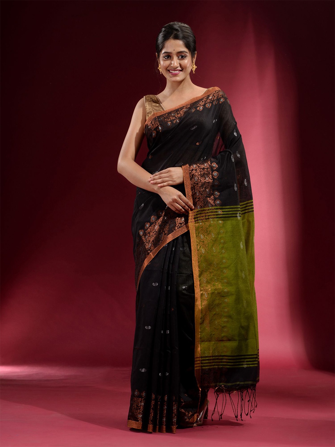 Charukriti Black & Green Woven Design Zari Saree