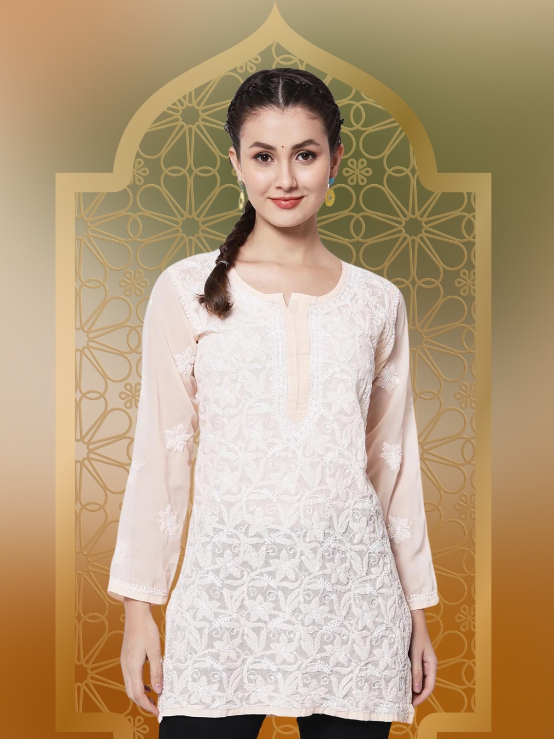 PARAMOUNT CHIKAN Peach-Coloured & White Paisley Embroidered Chikankari Pure Cotton Kurti
PARAMOUNT CHIKAN Peach-Coloured & White Paisley Embroidered Chikankari Pure Cotton Kurti