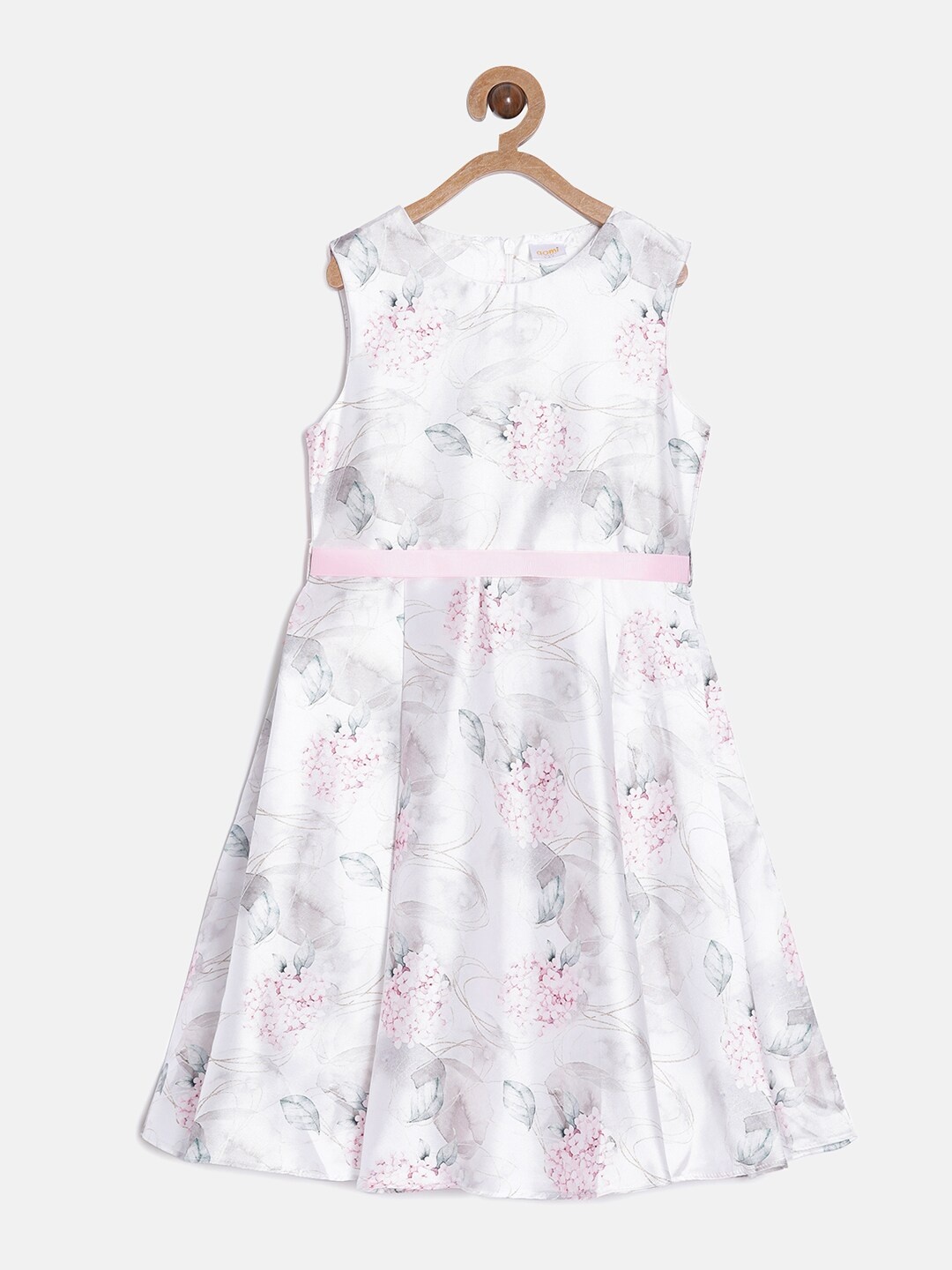 Aomi Girls White & Pink Floral Printed A-Line Dress