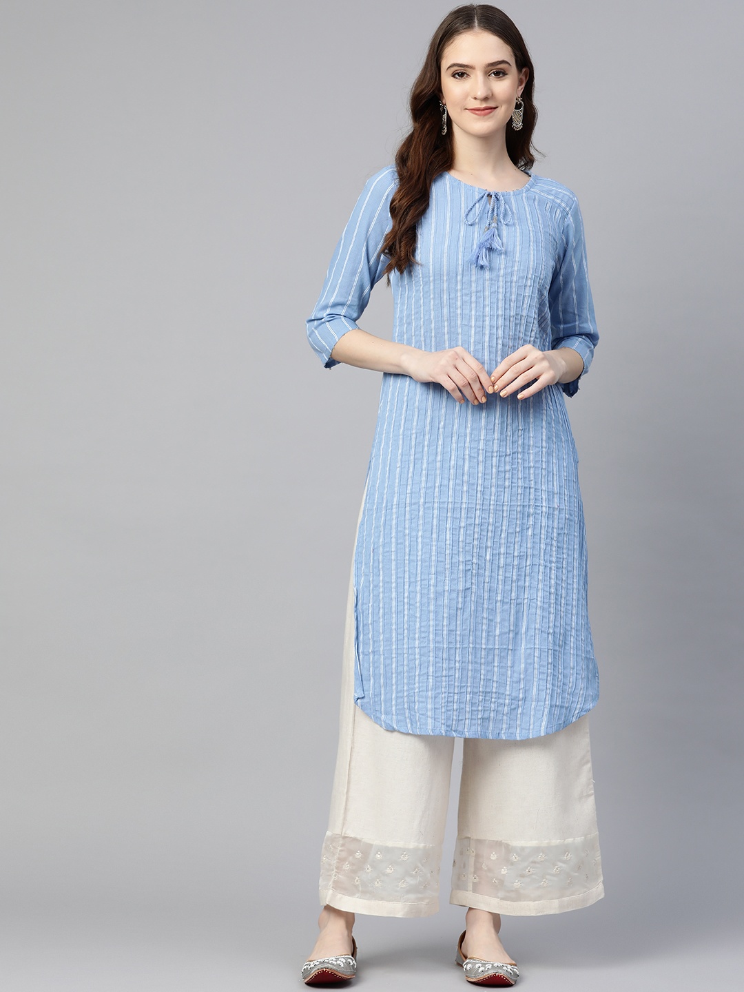 Readiprint Fashions Women Blue & White Pure Cotton Striped Kurta