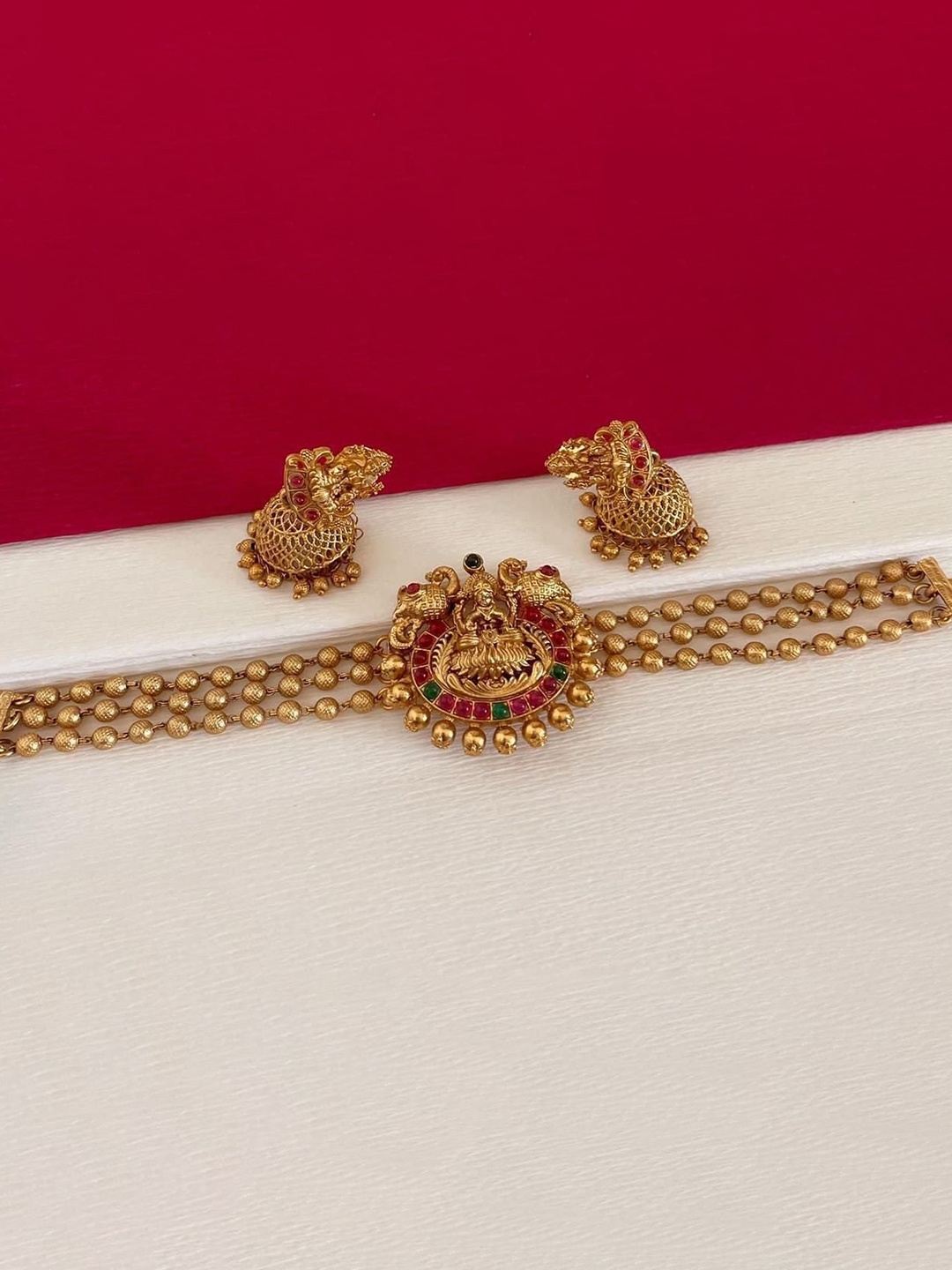 GRIIHAM Gold-Plated Green & Maroon CZ-Studded Jewellery Set