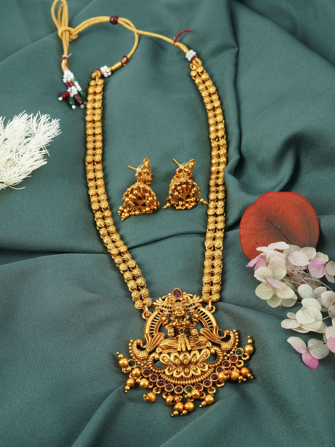 GRIIHAM Gold-Plated Red & Green CZ-Studded & Beaded Jewellery Set