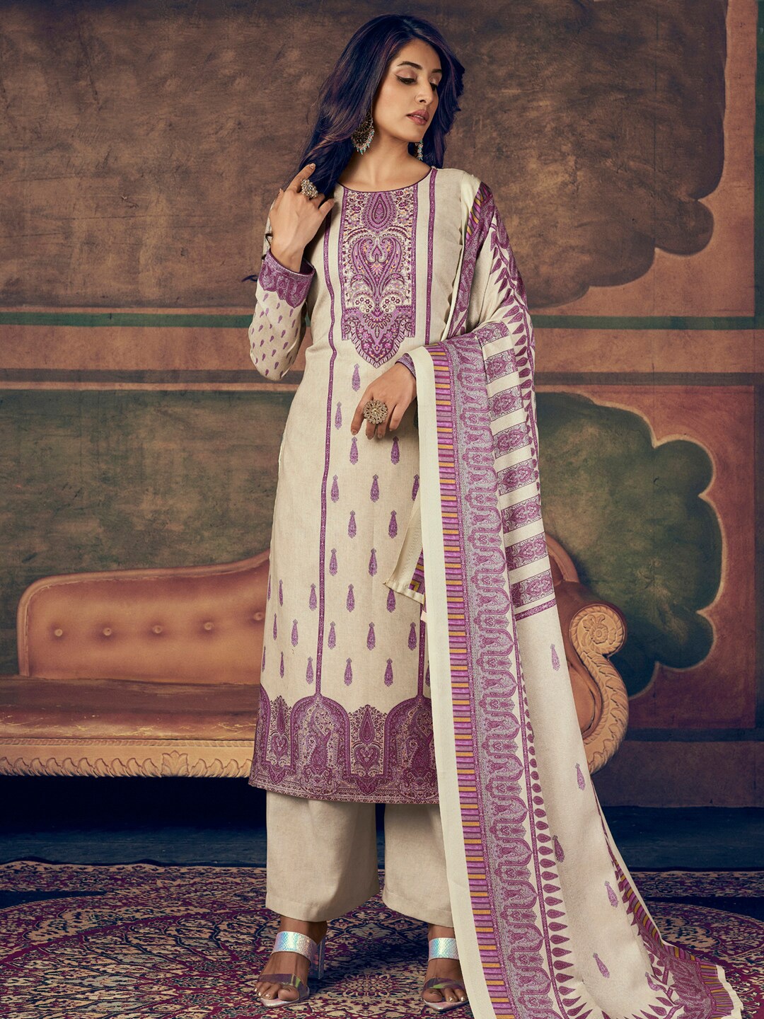 Stylee LIFESTYLE Women Beige & Purple Floral Printed Pashmina Unstitched Dress Material
Stylee LIFESTYLE Women Beige & Purple Floral Printed Pashmina Unstitched Dress Material