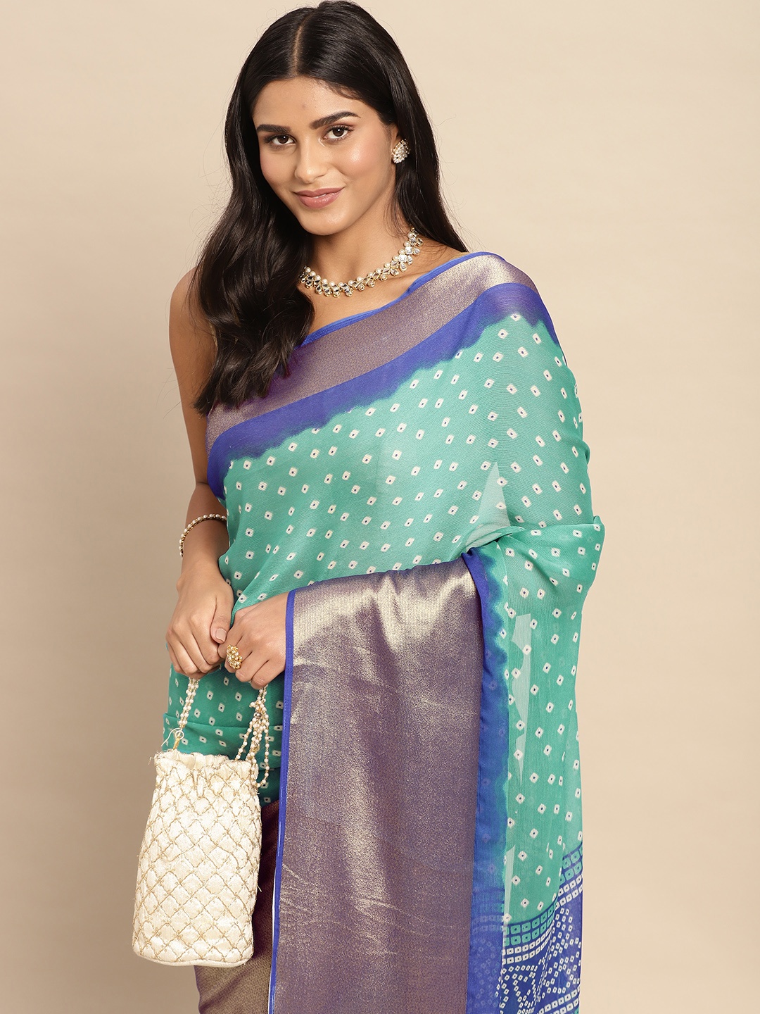 Anouk Ethnic Motifs Pure Chiffon Saree, Blue