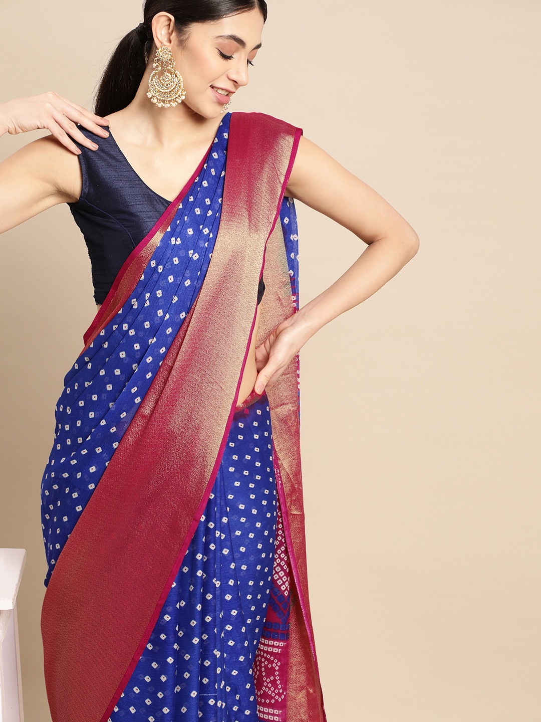 Anouk Bandhani Printed Pure Chiffon Saree, Blue