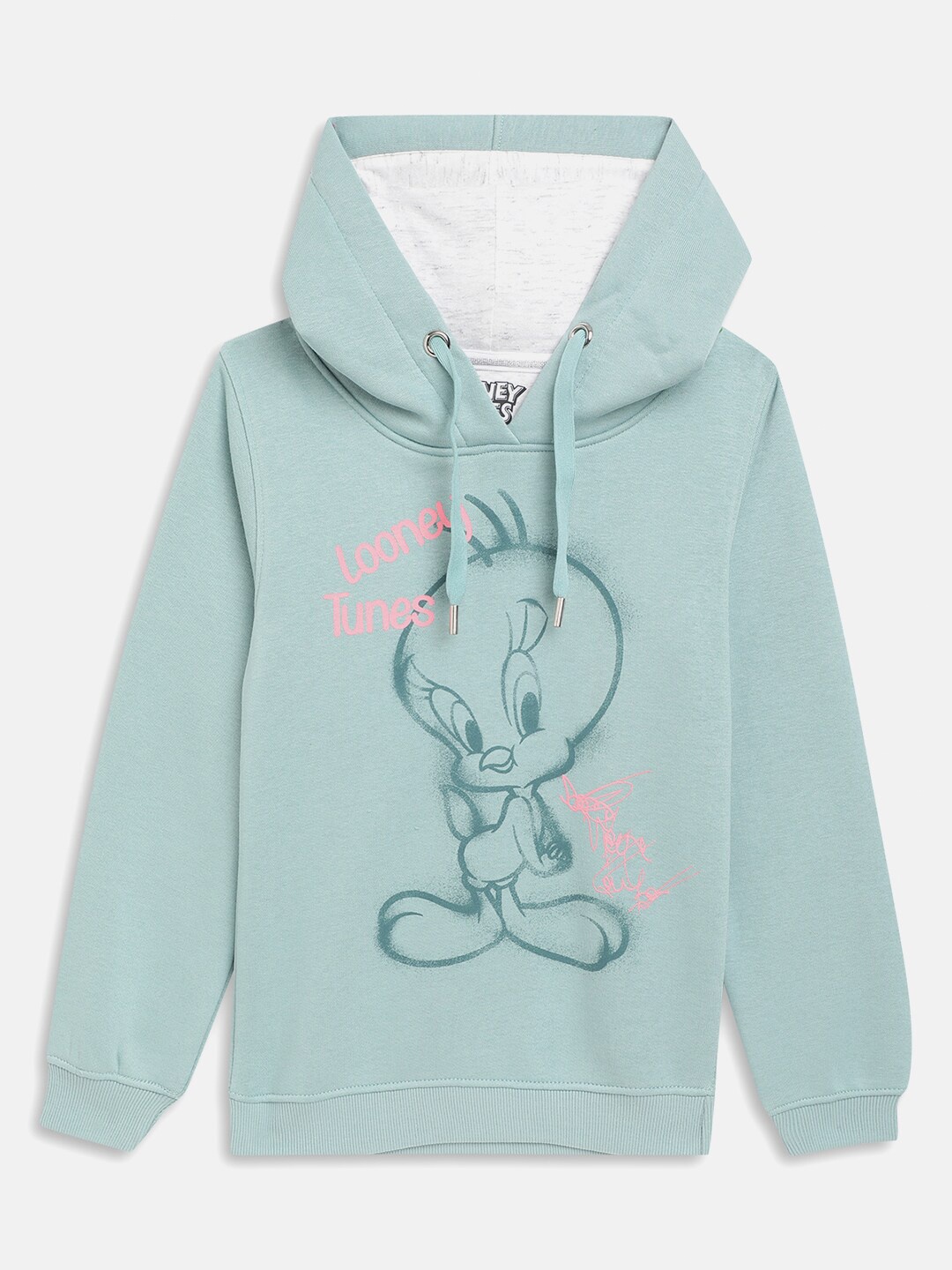 METTLE Girls Sea Green Printed Hooded Fleece Sweatshirt