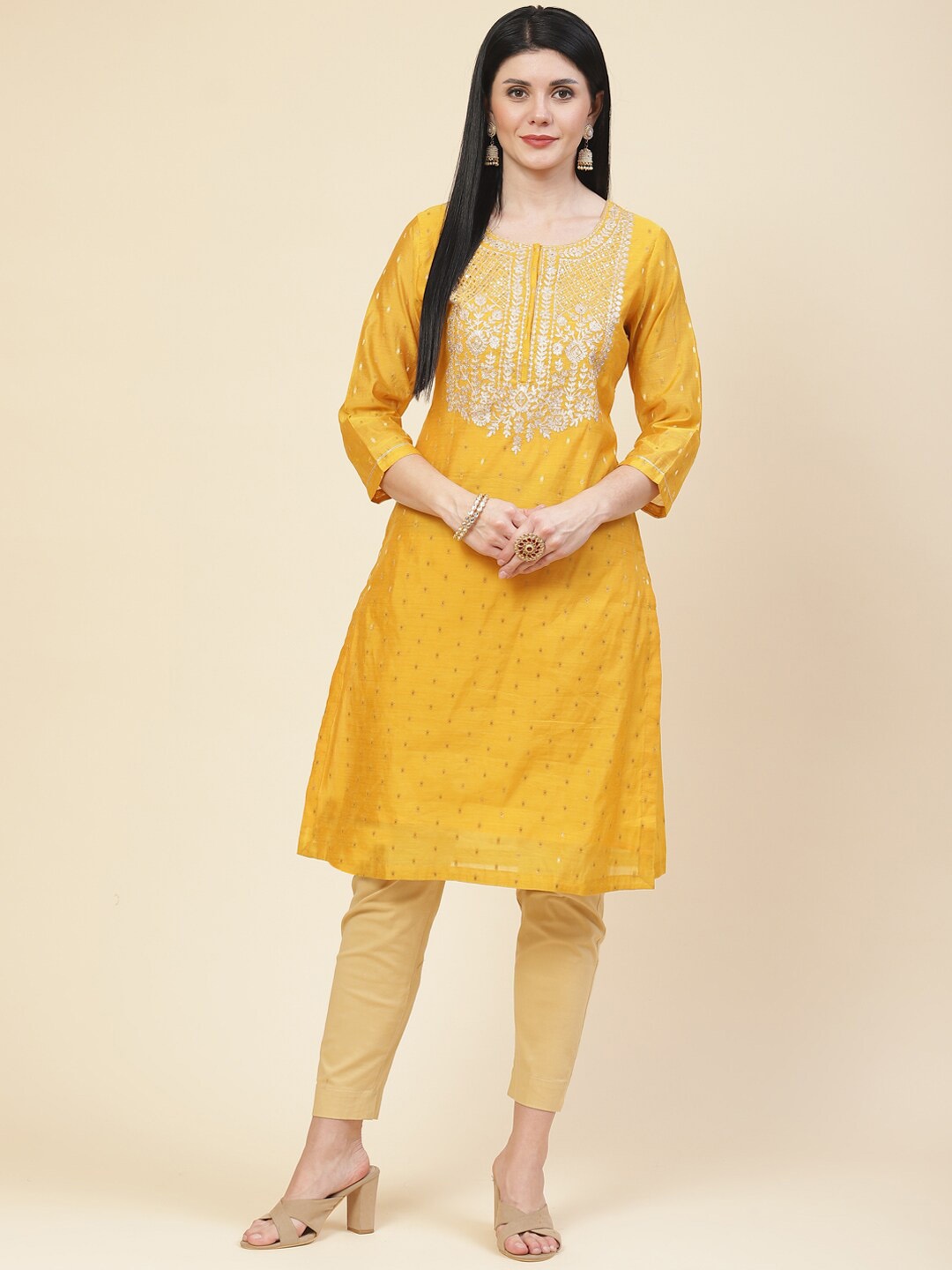 Meena Bazaar Women Mustard Yellow Ethnic Motifs Yoke Design Flared Sleeves Thread Work Chanderi Silk Kurta
Meena Bazaar Women Mustard Yellow Ethnic Motifs Yoke Design Flared Sleeves Thread Work Chanderi Silk Kurta