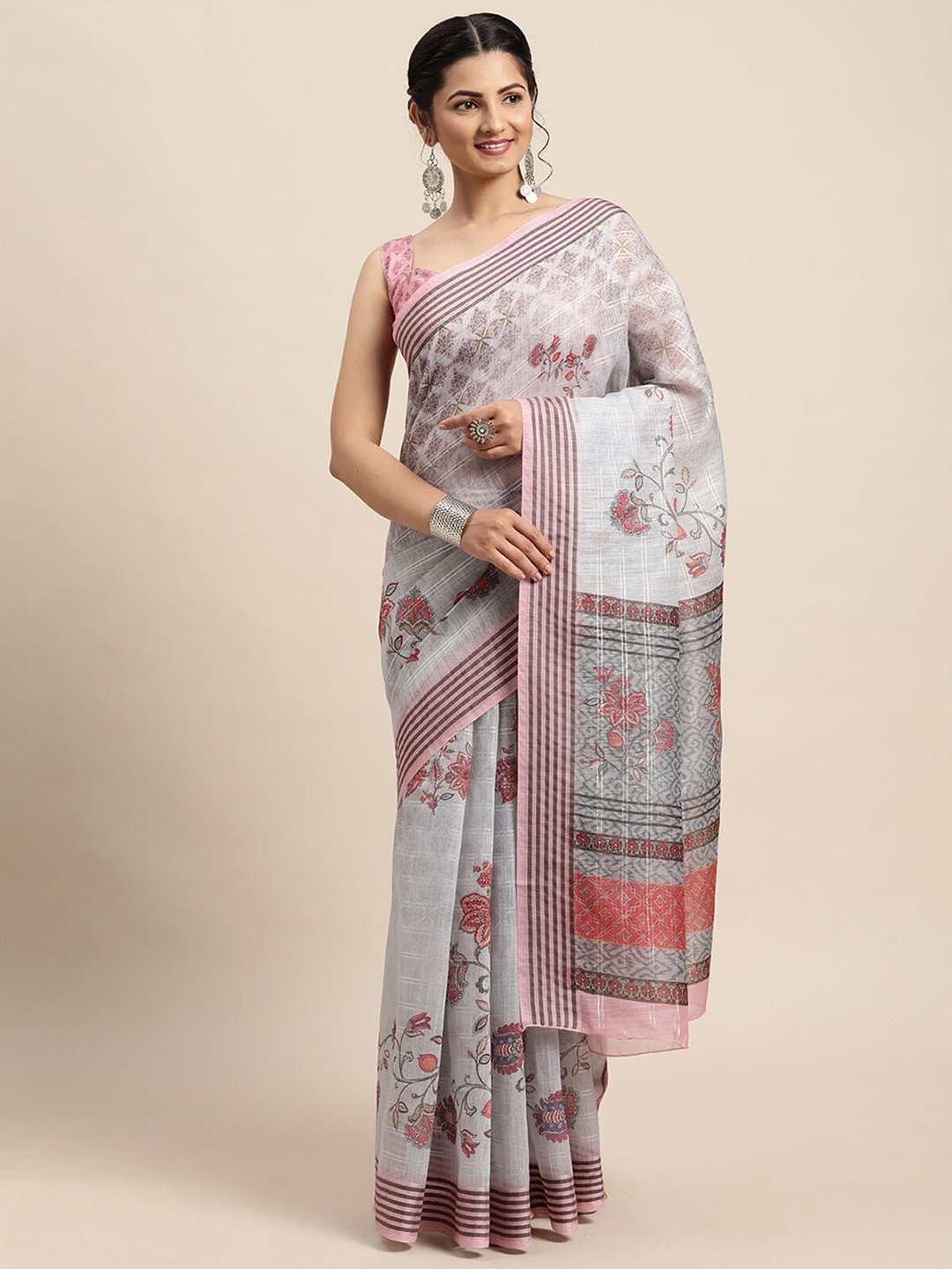 ODETTE Grey & Pink Floral Banarasi Saree