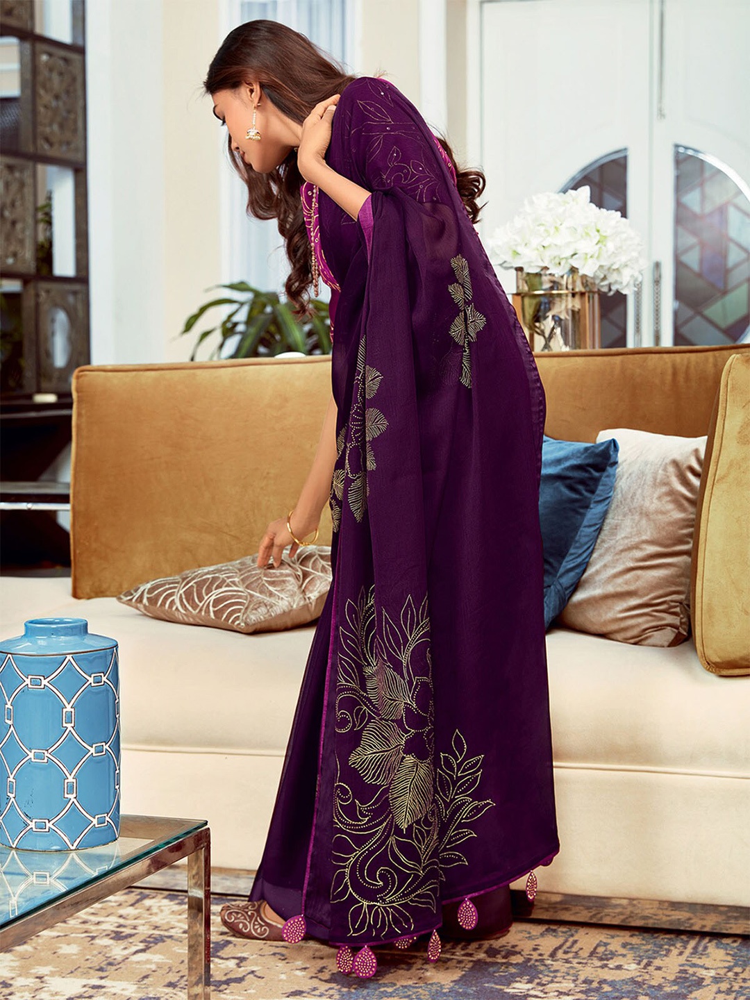 ODETTE Purple & Off White Floral Silk Blend Saree