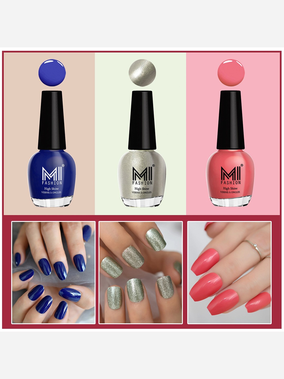 MI FASHION Set Of 3 Vernis A Ongles Ultra High Glass HD 3D Shine Nail Polish - Blue, Metallic Silver Green, Peach
MI FASHION Set Of 3 Vernis A Ongles Ultra High Glass HD 3D Shine Nail Polish - Blue, Metallic Silver Green, Peach