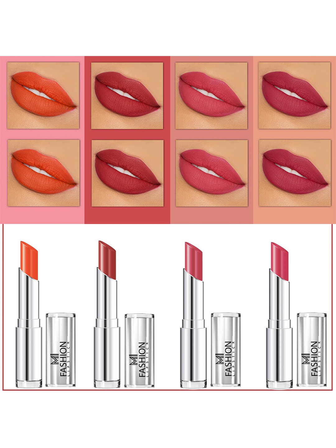 MI FASHION Set Of 4 Creme Matte Weightless Long-Lasting Lipstick 3.5g each - Orange + Brownish Red + Rose Wine + Pink
MI FASHION Set Of 4 Creme Matte Weightless Long-Lasting Lipstick 3.5g each - Orange + Brownish Red + Rose Wine + Pink