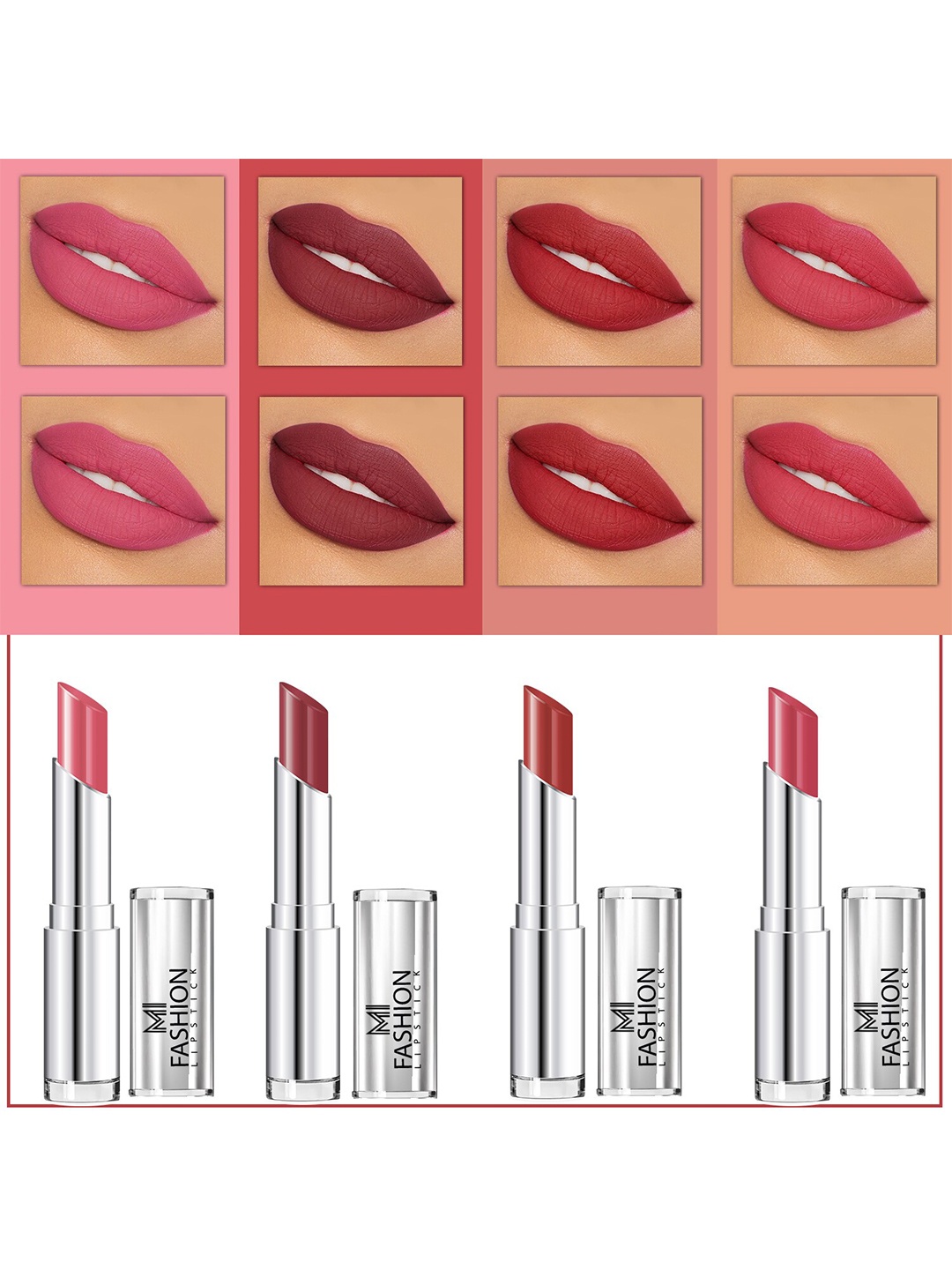 MI FASHION Set Of 4 Creme Matte Weightless Long-Lasting Lipstick 3.5g each - Peach + Brown + Brownish Red + Dark Rose
MI FASHION Set Of 4 Creme Matte Weightless Long-Lasting Lipstick 3.5g each - Peach + Brown + Brownish Red + Dark Rose