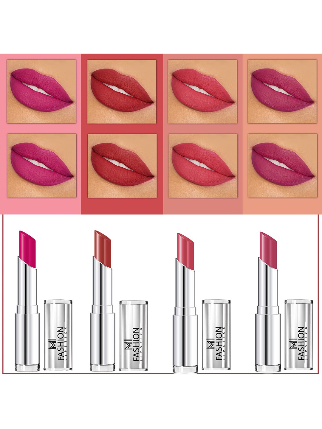 MI FASHION Set Of 4 Creme Matte Weightless Long-Lasting Lipstick 3.5g each - Magenta + Brownish Red + Rose + Purple Peach
MI FASHION Set Of 4 Creme Matte Weightless Long-Lasting Lipstick 3.5g each - Magenta + Brownish Red + Rose + Purple Peach