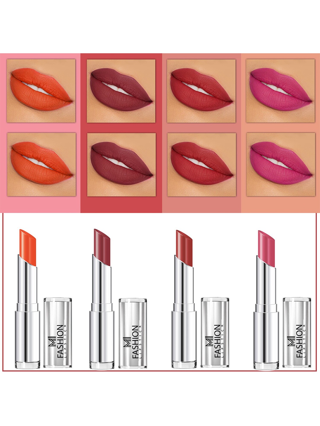 MI FASHION Set Of 4 Creme Matte Weightless Long-Lasting Lipstick 3.5g each - Orange + Brown + Brownish Red + Rose
MI FASHION Set Of 4 Creme Matte Weightless Long-Lasting Lipstick 3.5g each - Orange + Brown + Brownish Red + Rose