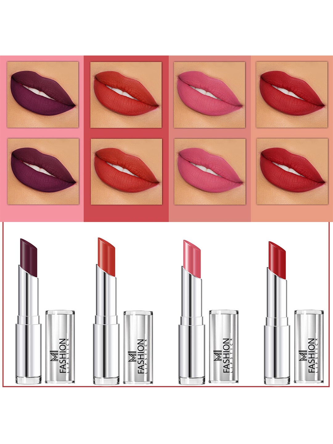 MI FASHION Set Of 4 Creme Matte Weightless Long-Lasting Lipstick 3.5g each - Wine Berry + Roof Terracotta + Peach + Purple
MI FASHION Set Of 4 Creme Matte Weightless Long-Lasting Lipstick 3.5g each - Wine Berry + Roof Terracotta + Peach + Purple