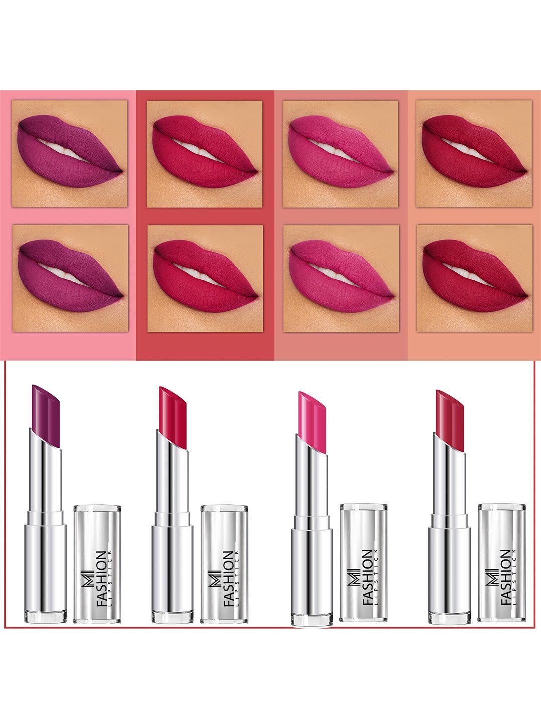 MI FASHION Set Of 4 Creme Matte Weightless Long-Lasting Lipstick 3.5g each - Purple + Pinkish Red + Rose Pink + Burgundy
MI FASHION Set Of 4 Creme Matte Weightless Long-Lasting Lipstick 3.5g each - Purple + Pinkish Red + Rose Pink + Burgundy