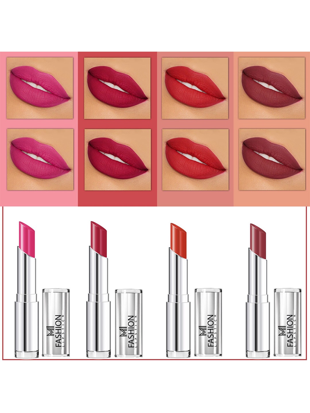 MI FASHION Set Of 4 Creme Matte Weightless Long-Lasting Lipstick 3.5g each - Rose Pink + Burgundy + Orange + Brown
MI FASHION Set Of 4 Creme Matte Weightless Long-Lasting Lipstick 3.5g each - Rose Pink + Burgundy + Orange + Brown