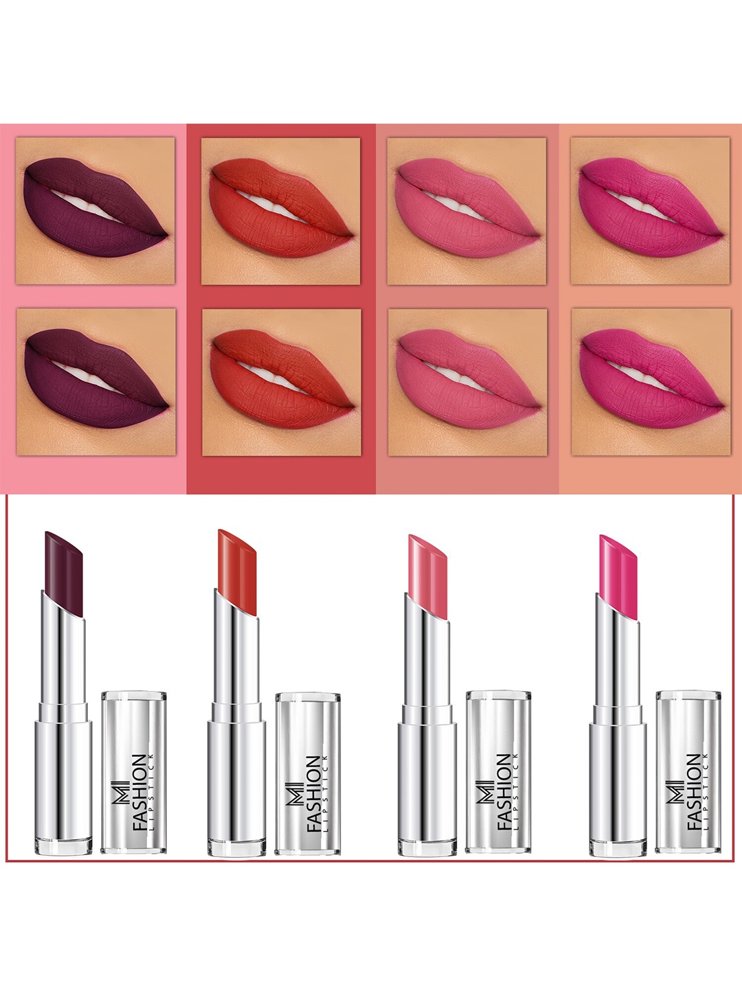 MI FASHION Set Of 4 Creme Matte Weightless Long-Lasting Lipstick 3.5g each - Wine Berry + Roof Terracotta + Peach + Pink
MI FASHION Set Of 4 Creme Matte Weightless Long-Lasting Lipstick 3.5g each - Wine Berry + Roof Terracotta + Peach + Pink