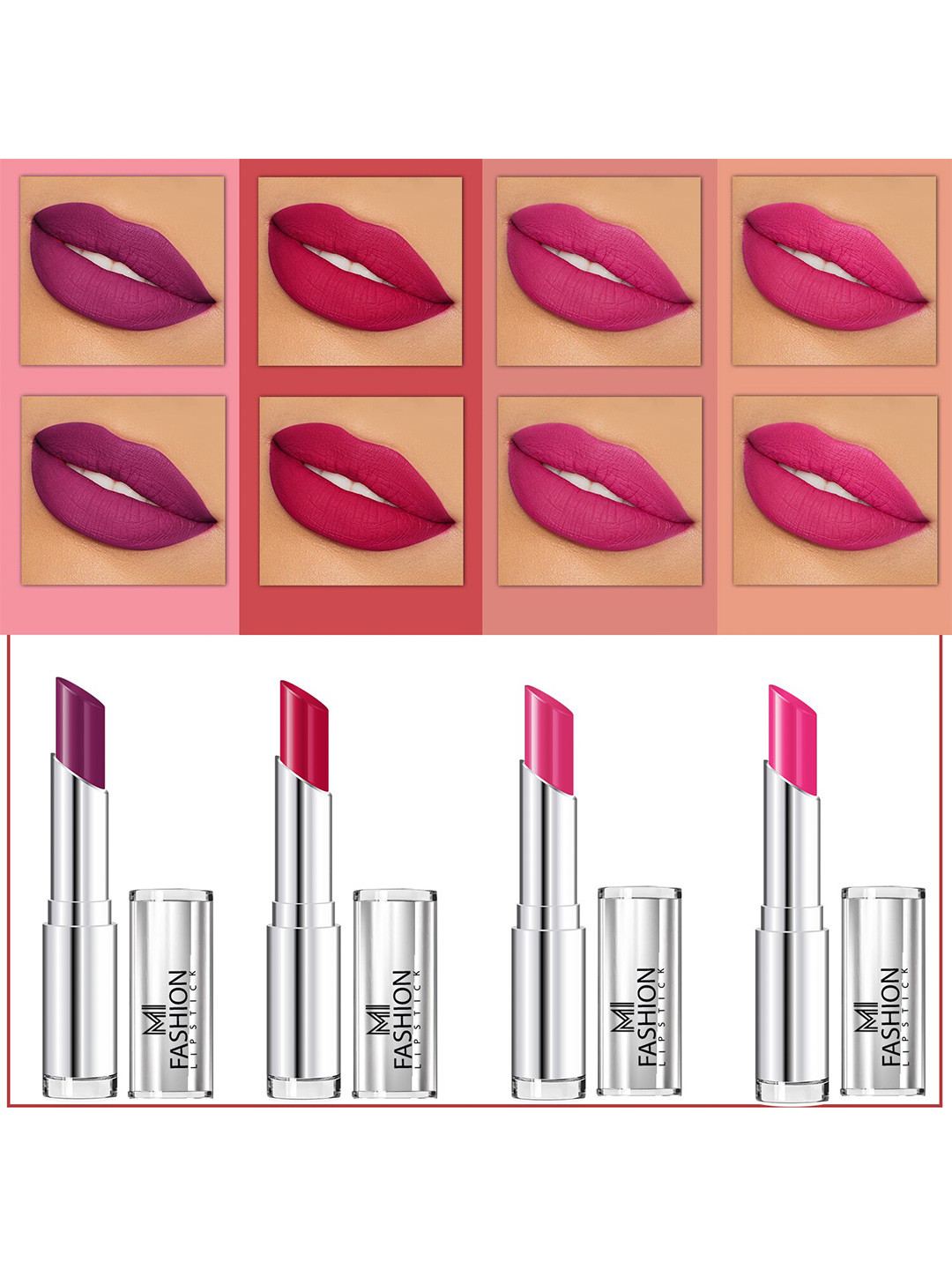 MI FASHION Set Of 4 Creme Matte Weightless Long-Lasting Lipstick 3.5g each - Purple + Pinkish Red + Rose Pink + Pink
MI FASHION Set Of 4 Creme Matte Weightless Long-Lasting Lipstick 3.5g each - Purple + Pinkish Red + Rose Pink + Pink