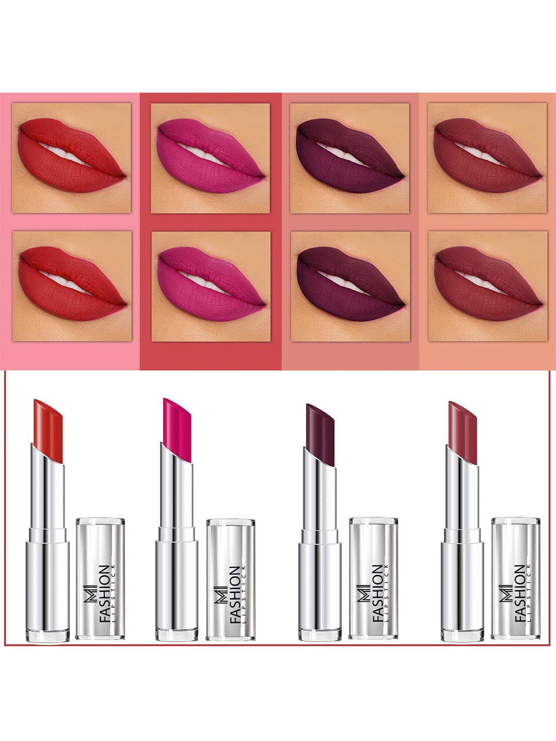 MI FASHION Set Of 4 Creme Matte Weightless Long-Lasting Lipstick 3.5g each - Cornell Red + Magenta + Wine Berry + Brown
MI FASHION Set Of 4 Creme Matte Weightless Long-Lasting Lipstick 3.5g each - Cornell Red + Magenta + Wine Berry + Brown