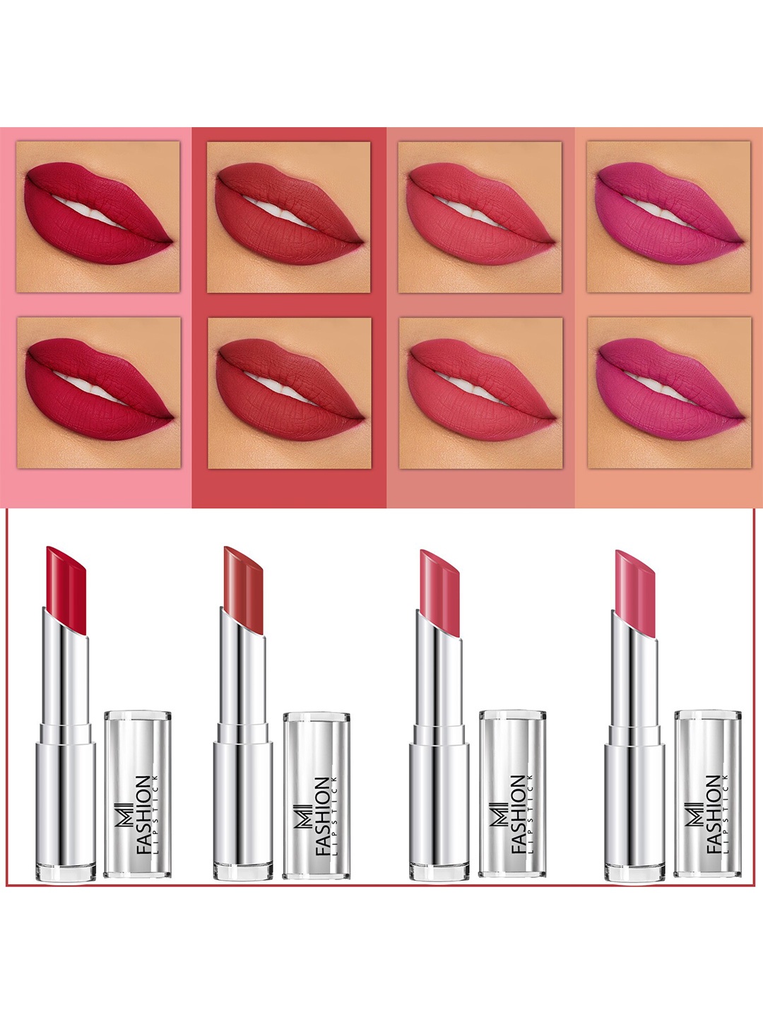 MI FASHION Set Of 4 Creme Matte Weightless Long-Lasting Lipstick 3.5g each - Purple + Brownish Red + Rose + Rose
MI FASHION Set Of 4 Creme Matte Weightless Long-Lasting Lipstick 3.5g each - Purple + Brownish Red + Rose + Rose