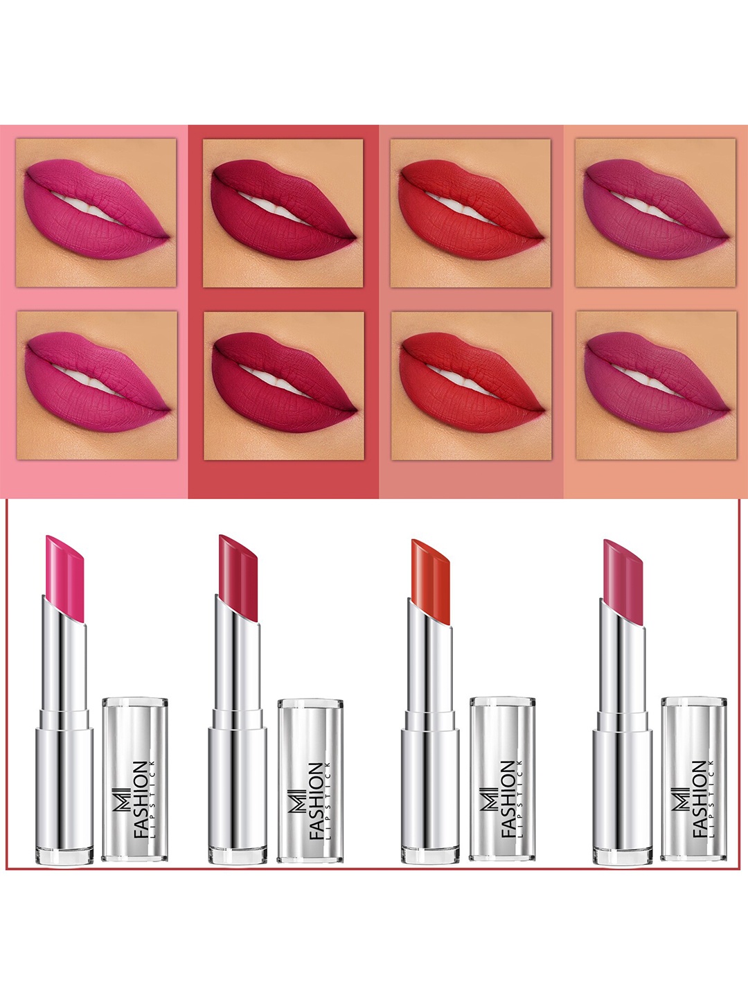 MI FASHION Set Of 4 Creme Matte Weightless Long-Lasting Lipstick 3.5g each - Rose Pink + Burgundy + Orange + Purple Peach
MI FASHION Set Of 4 Creme Matte Weightless Long-Lasting Lipstick 3.5g each - Rose Pink + Burgundy + Orange + Purple Peach