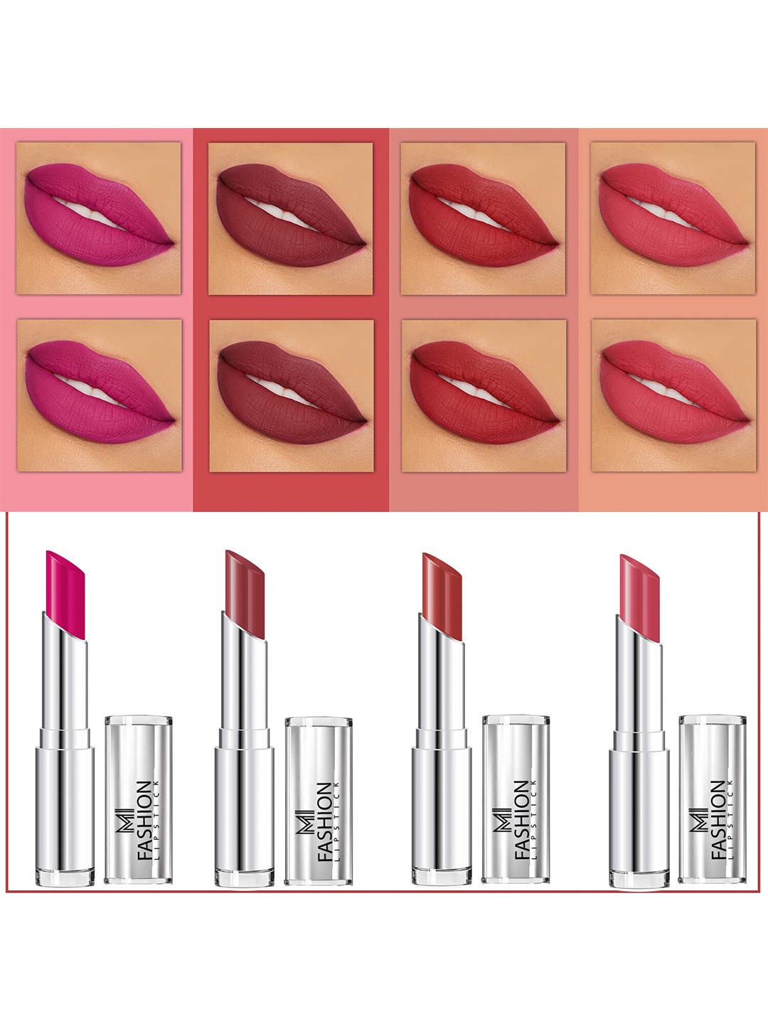 MI FASHION Set Of 4 Creme Matte Weightless Long-Lasting Lipstick 3.5g each - Magenta + Brown + Brownish Red + Dark Rose
MI FASHION Set Of 4 Creme Matte Weightless Long-Lasting Lipstick 3.5g each - Magenta + Brown + Brownish Red + Dark Rose