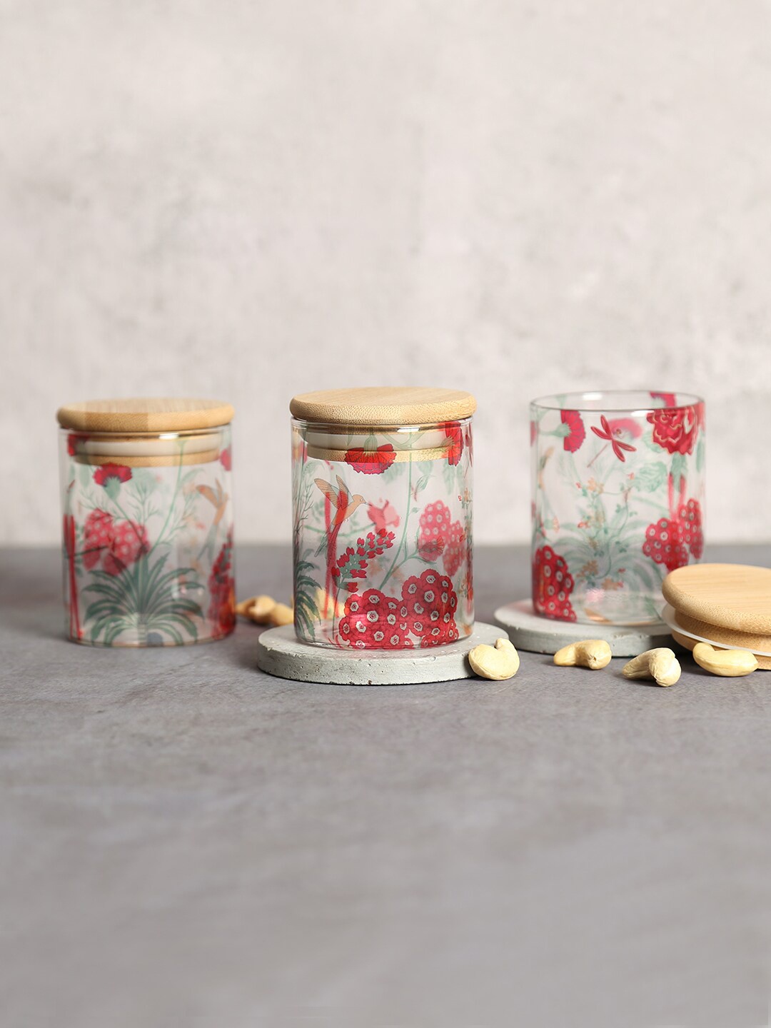 India Circus by Krsnaa Mehta Red & Transparent Set Of 3 Floral Jars 220mL Each