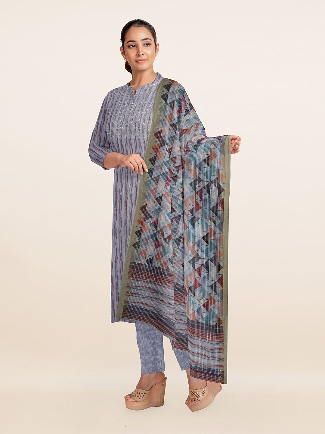 Pothys Grey & Orange Printed Unstitched Dress Material