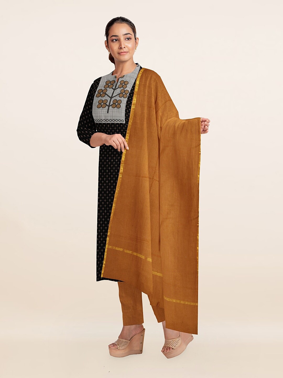 Pothys Black & Brown Embroidered Unstitched Dress Material