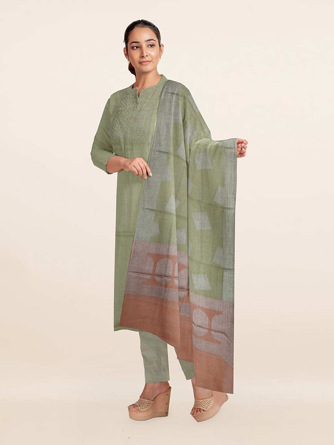 Pothys Green & Grey Printed Unstitched Dress Material