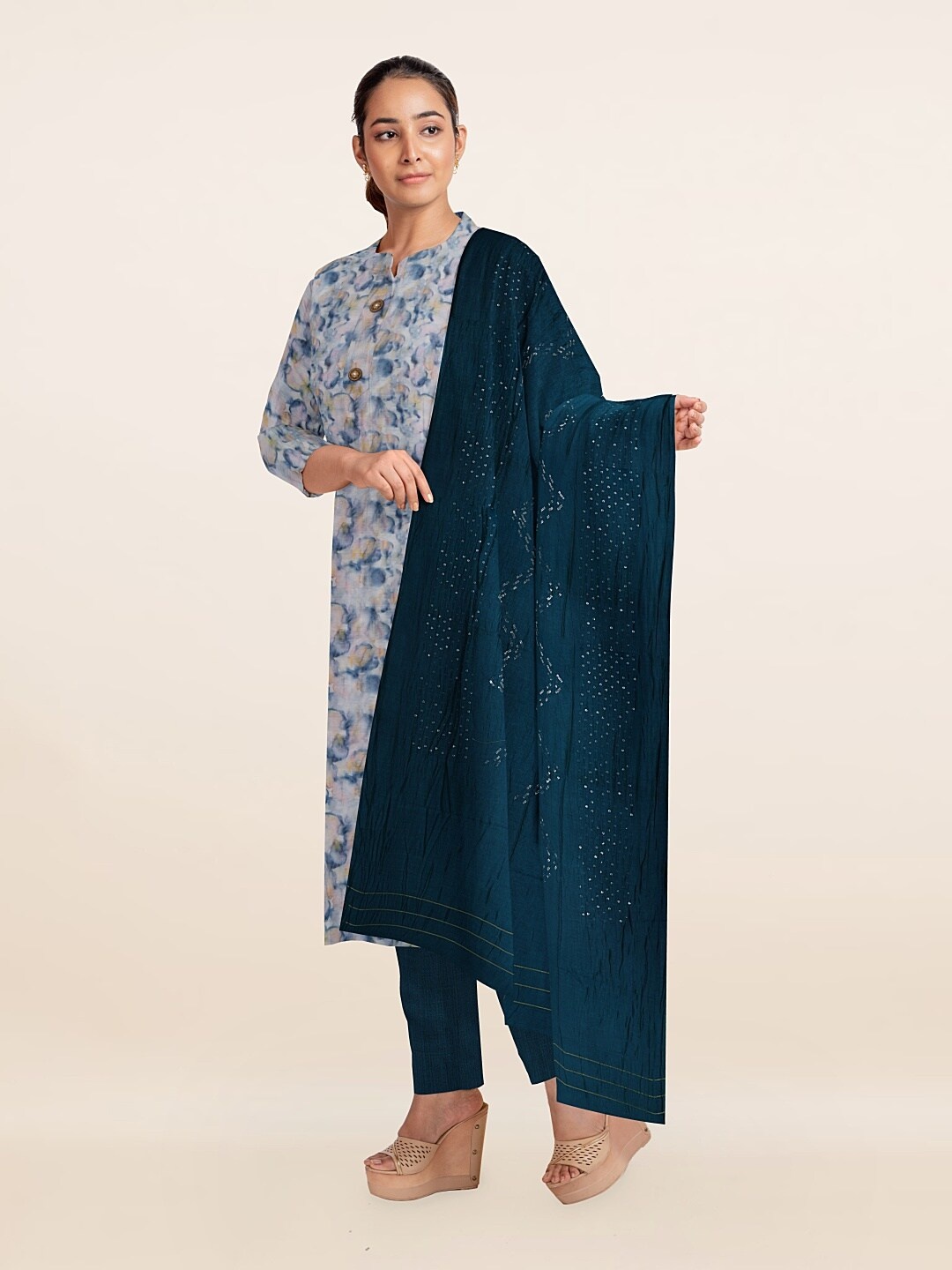 Pothys Blue & Orange Printed Unstitched Dress Material