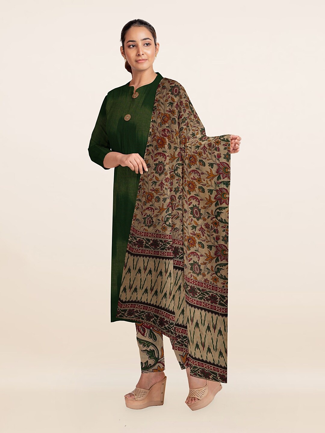 Pothys Green & Beige Unstitched Dress Material