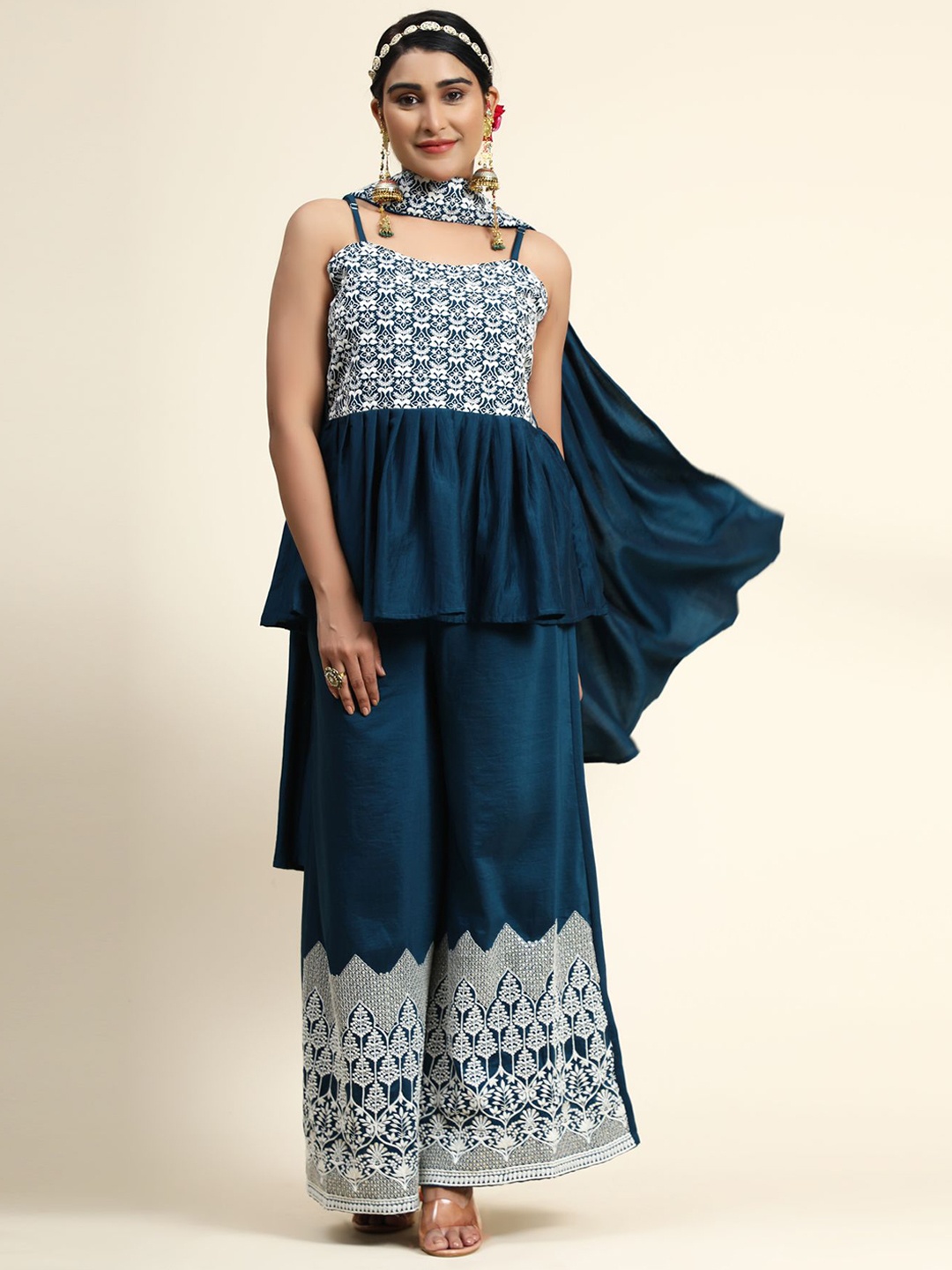 KALINI Women Navy Blue Ethnic Motifs Embroidered Empire Thread Work Kurti with Palazzos & With Dupatta
KALINI Women Navy Blue Ethnic Motifs Embroidered Empire Thread Work Kurti with Palazzos & With Dupatta
