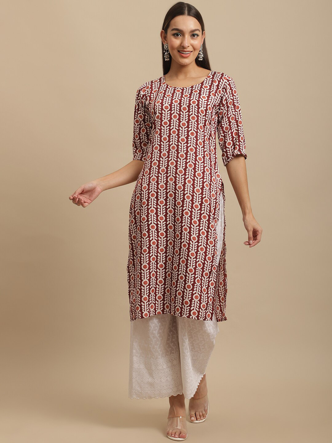 KALINI Women Maroon & Black Geometric Printed Block Print Handloom Crepe Kurta 
KALINI Women Maroon & Black Geometric Printed Block Print Handloom Crepe Kurta
